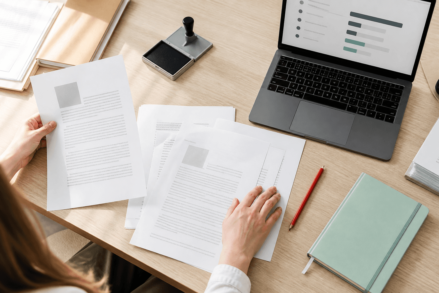 Hands reviewing source documents before anything is accepted into the graph.